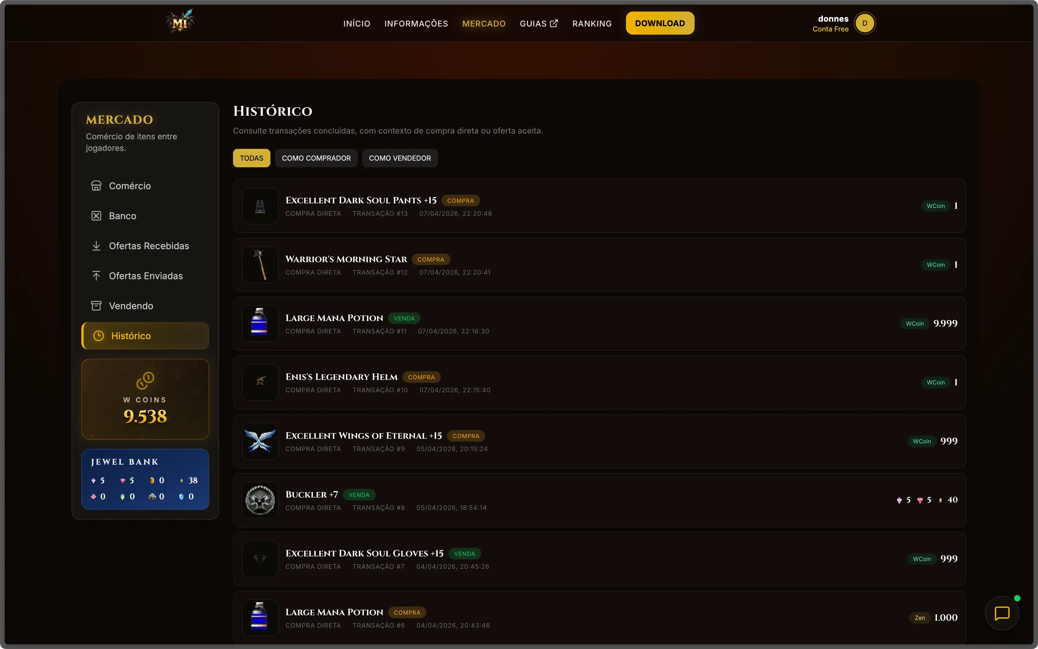 Histórico de transações